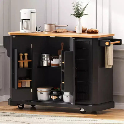 Isola da Cucina con Anta a Ribalta e Ruote, Carrello da Cucina con Cassetti e Scaffale, Isola da Cucina Mobile con Presa Elettrica