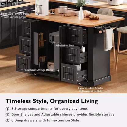 Isola da Cucina con Anta a Ribalta e Ruote, Carrello da Cucina con Cassetti e Scaffale, Isola da Cucina Mobile con Presa Elettrica