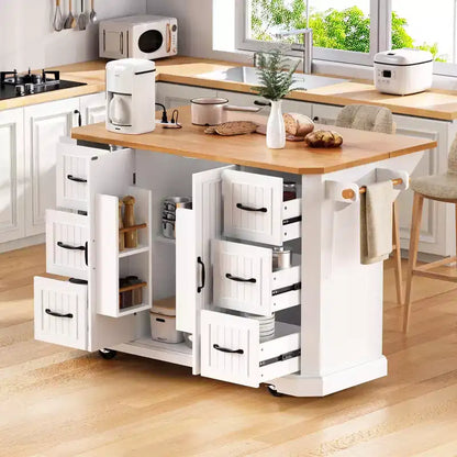 Isola da Cucina con Anta a Ribalta e Ruote, Carrello da Cucina con Cassetti e Scaffale, Isola da Cucina Mobile con Presa Elettrica