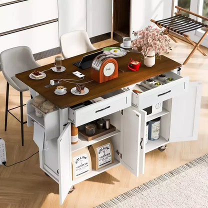 Isola Cucina da Fattoria con Presa Elettrica, Isola Contenitore da Cucina con Ribalta, Portaspezie e Cassetto, Carrello da Cucina su Ruote