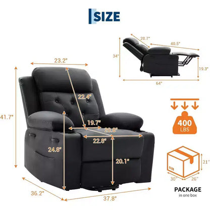 Poltrona reclinabile Power Lift sovradimensionata per soggiorno, sedile in pelle PU nera, massaggio a vibrazione, calore lombare, doppi portabicchieri, tasche laterali, ausilio per la mobilità