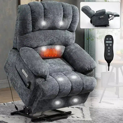 23 Seat Width and High Back Large Size Blue Grey Chenille Power Lift Recliner Chair with 8-Point Vibration Massage and Lumbar Heating