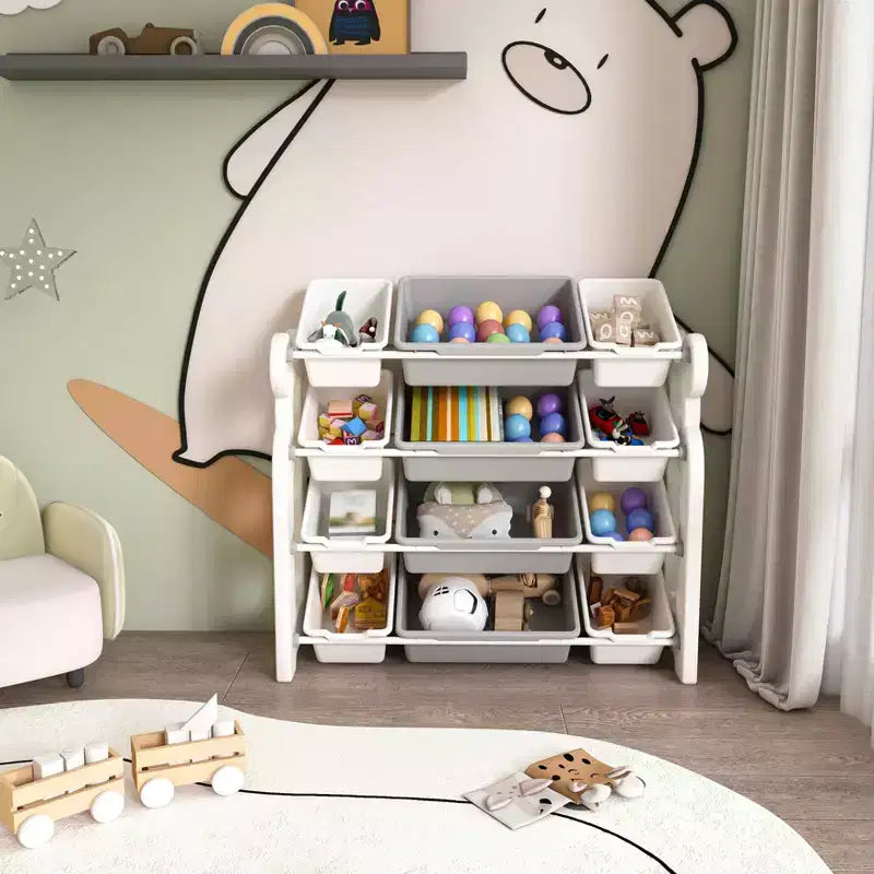 Organizzatore di giocattoli per bambini, libreria a 2 ripiani con 12 contenitori per sala giochi e aula