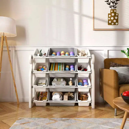 Organizzatore di giocattoli per bambini, libreria a 2 ripiani con 12 contenitori per sala giochi e aula