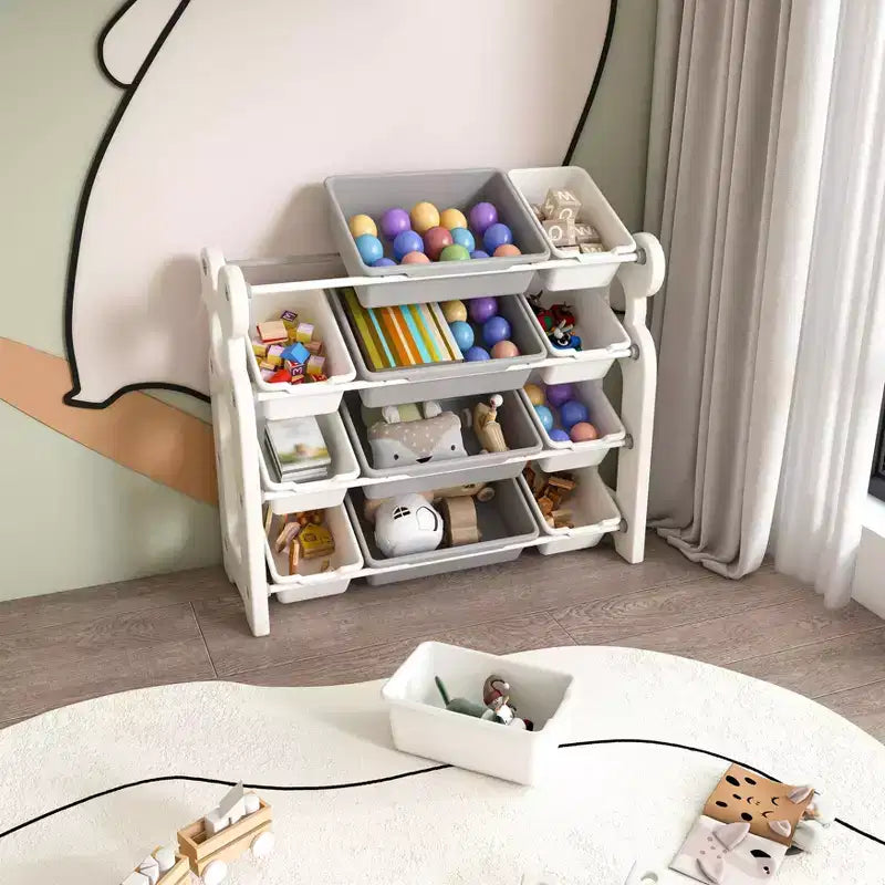 Organizzatore di giocattoli per bambini, libreria a 2 ripiani con 12 contenitori per sala giochi e aula