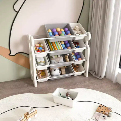 Organizzatore di giocattoli per bambini, libreria a 2 ripiani con 12 contenitori per sala giochi e aula