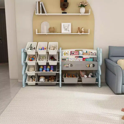 Organizzatore di giocattoli per bambini, libreria a 2 ripiani con 12 contenitori per sala giochi e aula