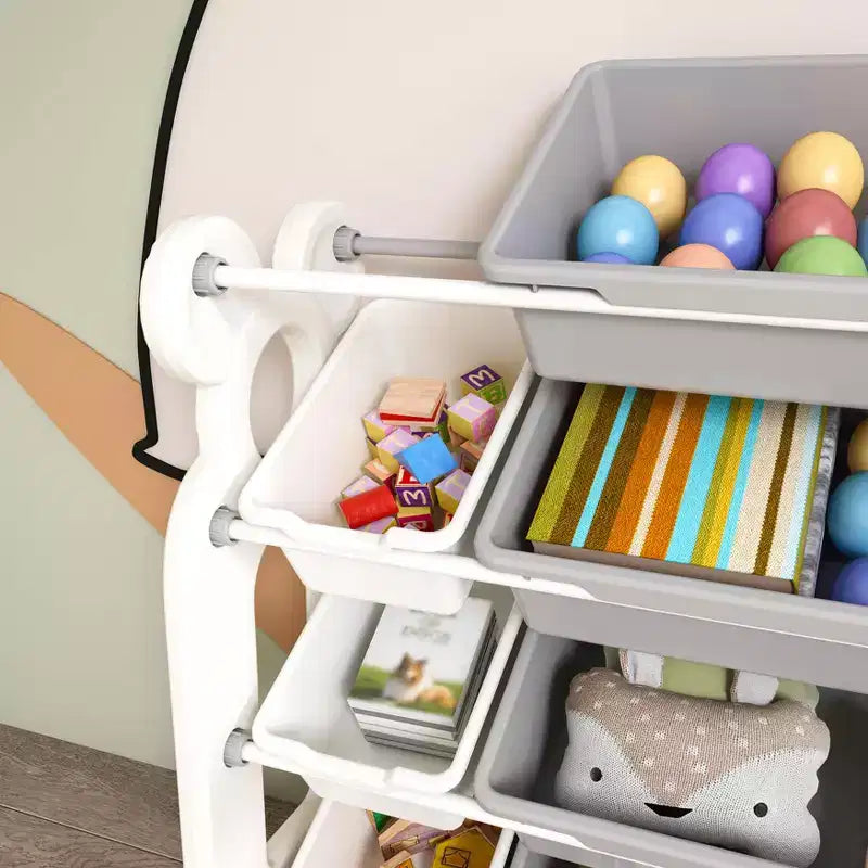 Organizzatore di giocattoli per bambini, libreria a 2 ripiani con 12 contenitori per sala giochi e aula