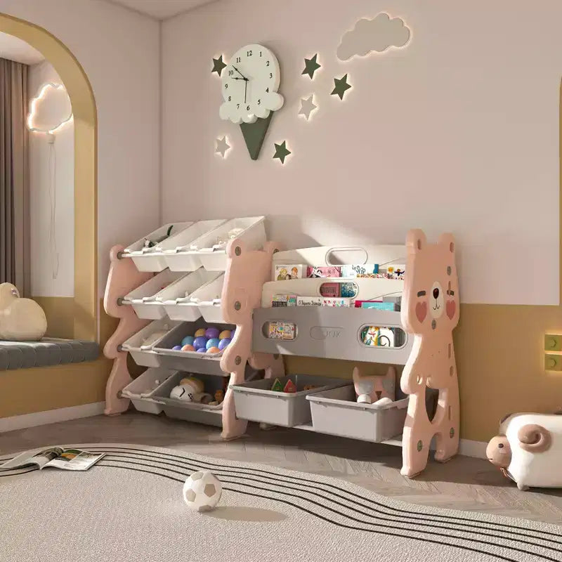 Organizzatore di giocattoli per bambini, libreria a 2 ripiani con 12 contenitori per sala giochi e aula