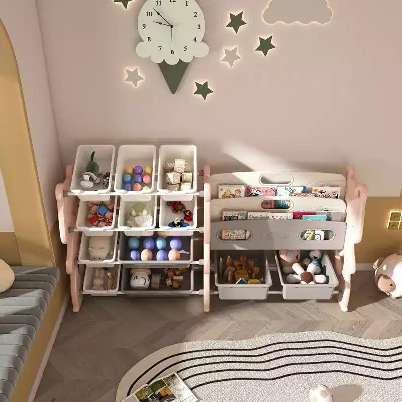 Organizzatore di giocattoli per bambini, libreria a 2 ripiani con 12 contenitori per sala giochi e aula
