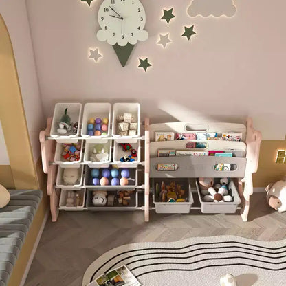 Organizzatore di giocattoli per bambini, libreria a 2 ripiani con 12 contenitori per sala giochi e aula