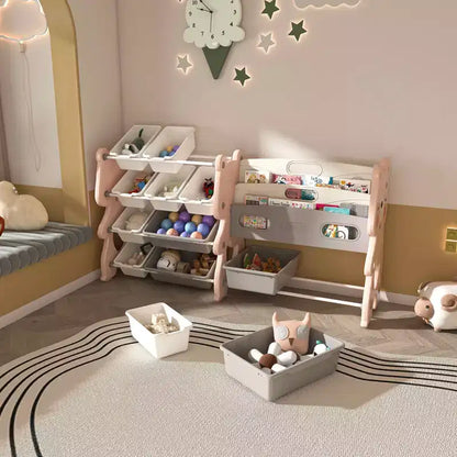 Organizzatore di giocattoli per bambini, libreria a 2 ripiani con 12 contenitori per sala giochi e aula