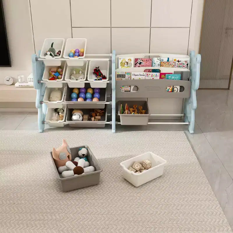 Organizzatore di giocattoli per bambini, libreria a 2 ripiani con 12 contenitori per sala giochi e aula