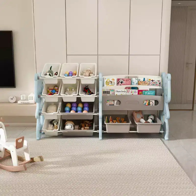 Organizzatore di giocattoli per bambini, libreria a 2 ripiani con 12 contenitori per sala giochi e aula