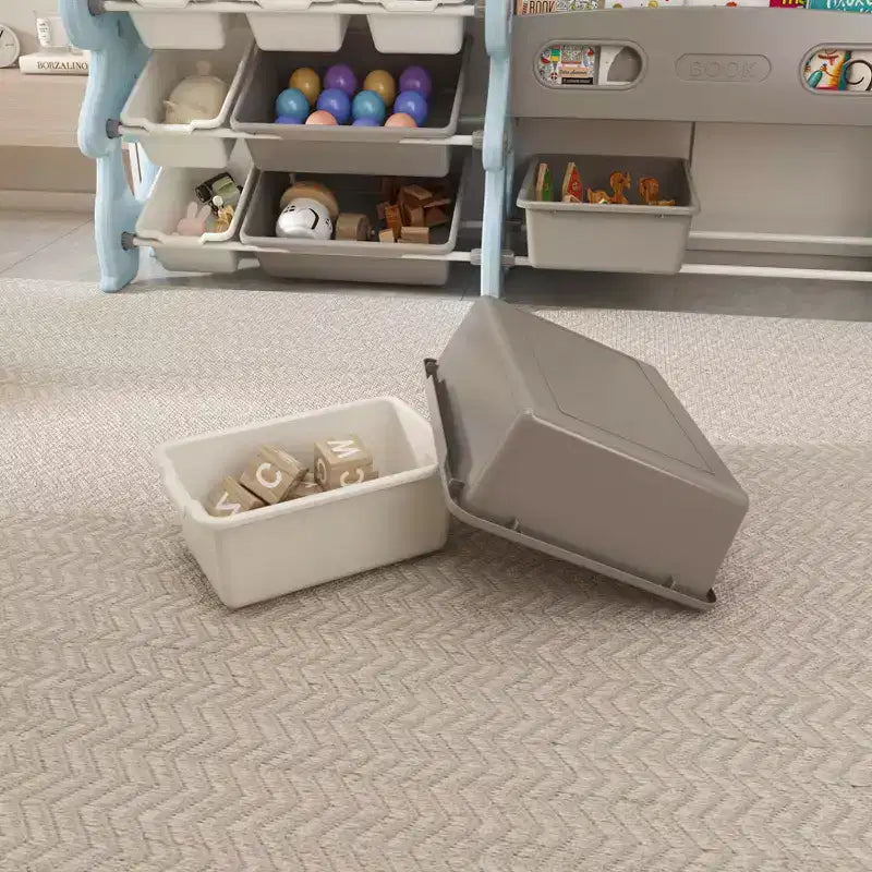 Organizzatore di giocattoli per bambini, libreria a 2 ripiani con 12 contenitori per sala giochi e aula