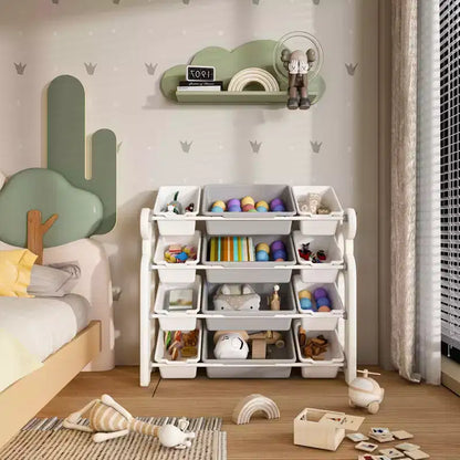 Organizzatore di giocattoli per bambini, libreria a 2 ripiani con 12 contenitori per sala giochi e aula
