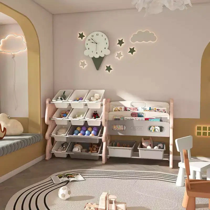 Organizzatore di giocattoli per bambini, libreria a 2 ripiani con 12 contenitori per sala giochi e aula