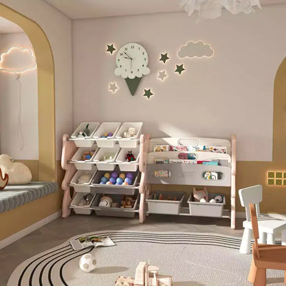 Organizzatore di giocattoli per bambini, libreria a 2 ripiani con 12 contenitori per sala giochi e aula