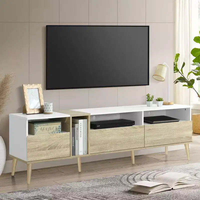 Mobile TV moderno per TV da 80", 3 cassetti e 4 ripiani aperti, design in tinta