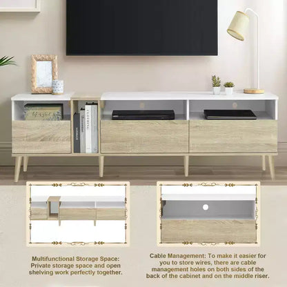 Mobile TV moderno per TV da 80", 3 cassetti e 4 ripiani aperti, design in tinta