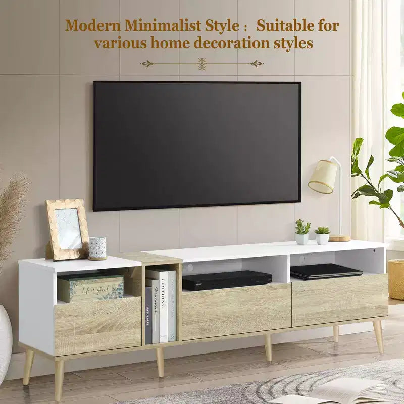 Mobile TV moderno per TV da 80", 3 cassetti e 4 ripiani aperti, design in tinta