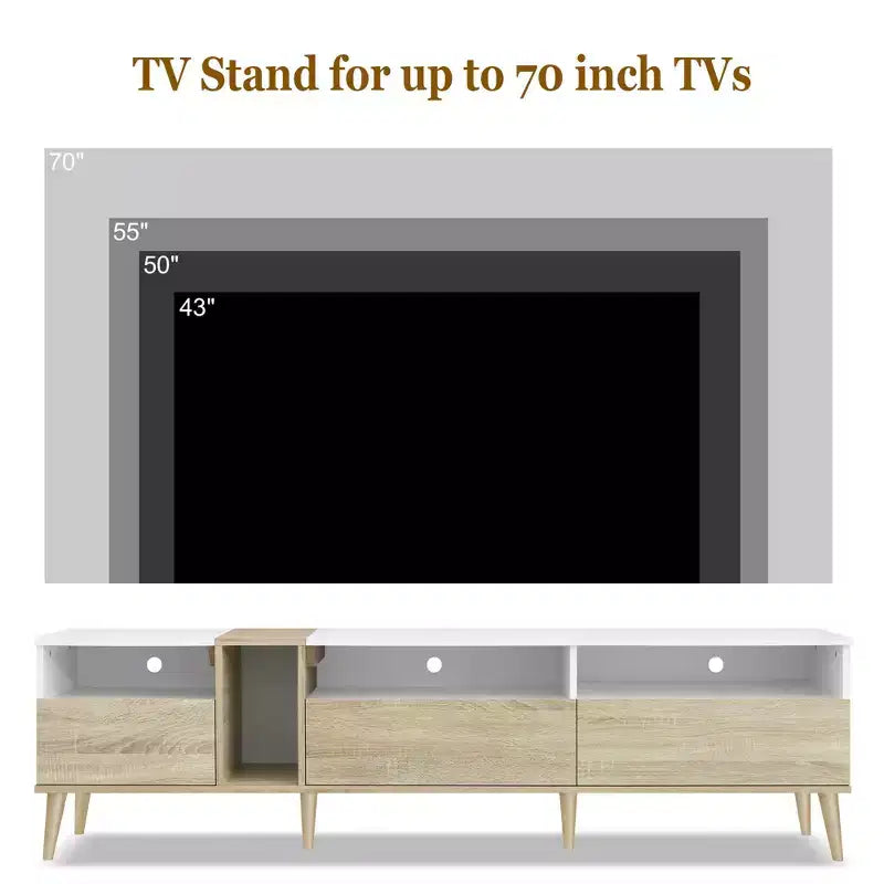 Mobile TV moderno per TV da 80", 3 cassetti e 4 ripiani aperti, design in tinta
