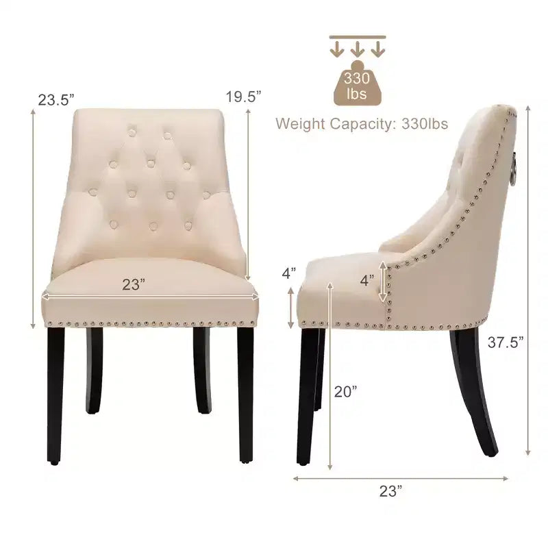 Sedia da pranzo in velluto, imbottita capitonné senza braccioli con borchie e anello, verde/beige