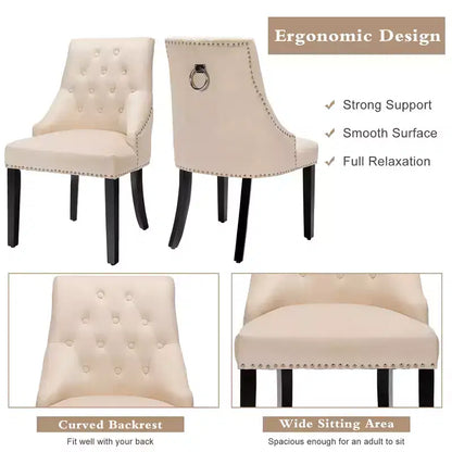Sedia da pranzo in velluto, imbottita capitonné senza braccioli con borchie e anello, verde/beige